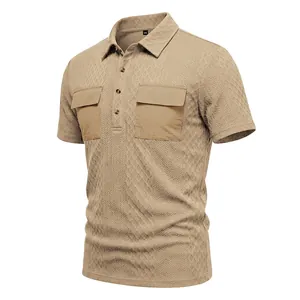 Detailed view of men's khaki jacquard polo shirt featuring stylish double cargo pockets