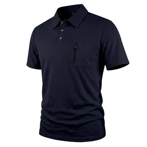 Marineblaues Herren-Poloshirt mit Jacquard-Muster und taktischer Brusttasche mit Reißverschluss