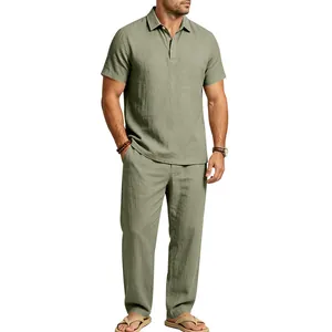 Lässiges Herren Sommer Leinen Set mit Kurzarm Polo Shirt und langer Hose in Salbeigrün