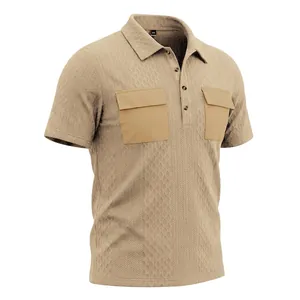 Detailed view of khaki men's jacquard polo shirt featuring double cargo chest pockets