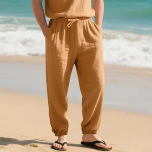 Men's loose breathable linen jogger pants with drawstring waist for beach vacation