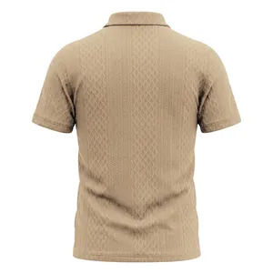 Back view of men's beige polo shirt featuring intricate jacquard texture design