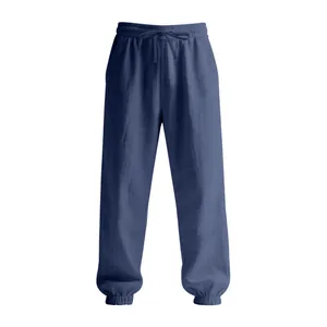 Navy blue men's breathable cotton linen jogger pants with elastic drawstring waist