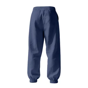 Detail back view of blue cotton-linen casual jogger pants with elastic ankle cuffs