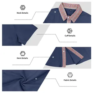 Detailaufnahmen von Kragen, Ärmeln und Saum des marineblauen Poloshirts mit Ethno-Muster