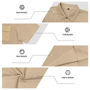 Detailed views of men's khaki polo shirt showing neck, cuff, hem, and jacquard fabric texture.