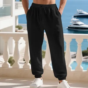 Men's breathable black linen joggers with drawstring waist for casual beach wear