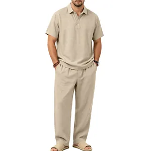 Herren Sommer Leinen-Mix Set mit Poloshirt und langer Hose in Beige, Ansicht der Passform
