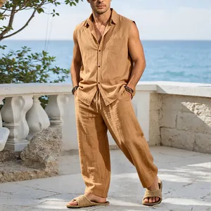 Detail view of men's sleeveless linen shirt and pants set for summer vacation