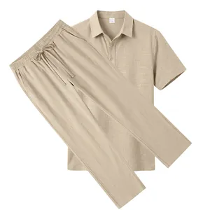 Lässiges Herren Sommer Leinen Polo-Shirt und lange Hose im Set, beige mit Kordelzug