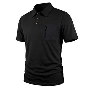 Premium schwarzes Jacquard-Poloshirt für Herren mit taktischer Reißverschluss-Brusttasche.