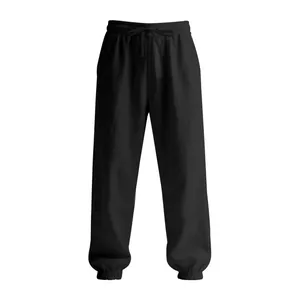 Detailed view of breathable black linen cotton jogger pants with drawstring waist