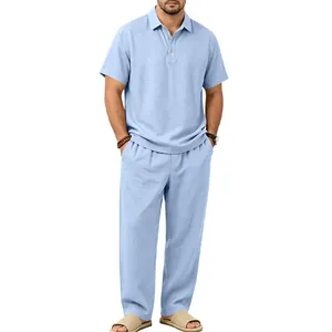 Lässiges zweiteiliges Herren-Leinen-Poloshirt und lange Hose in Hellblau