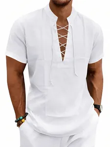 Camicia Henley da Uomo in Misto Lino Casual Estate Spiaggia Manica Corta con Lacci Tinta Unita Coreana Top Retro