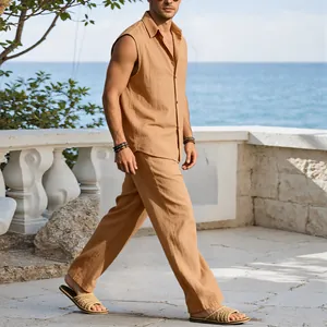 Men's sleeveless linen shirt and matching casual pants set in a coastal resort scenario.