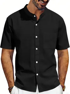 Classic men's casual black linen short sleeve shirt featuring a stand collar and chest pocket.