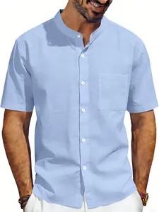 Classic men's light blue short sleeve linen shirt with stand collar and functional chest pocket