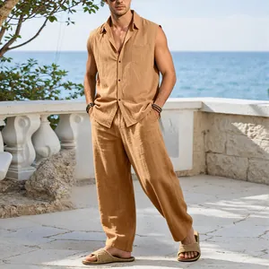 Men's breathable linen sleeveless shirt and matching wide-leg trousers set for beach vacation