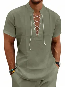 Camicia Henley da uomo in lino verde oliva con lacci sul davanti e collo coreana