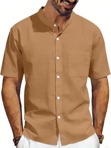 Casual men's linen short sleeve shirt with stand collar and pocket in camel brown