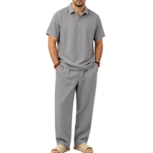 Details für das graue Leinen-Polo-Shirt und die lange Hose für Herren im Sommer