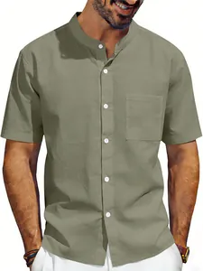 Men's olive green linen short-sleeve casual shirt with mandarin collar and front pocket