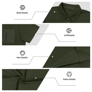 Detaillierte Makroansichten des olivgrünen taktischen Poloshirts und seiner Merkmale
