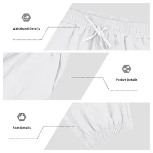 Detailed views showing the waistband, side pocket, and elastic cuffs of white linen pants
