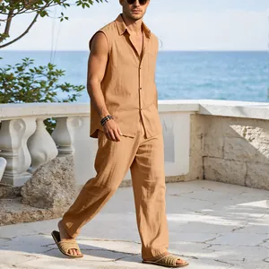 Close-up view of men's breathable linen sleeveless shirt and pants set for vacation