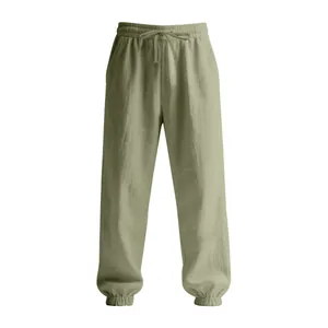 Detailed view of sage green men's cotton linen joggers with drawstring and elastic cuffs