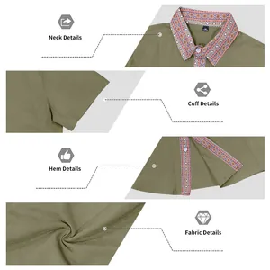 Detailansicht eines Herren-Leinen-Poloshirts mit Kontrastkragen und Saum im Ethno-Muster