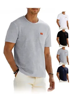 Men Casual Polyester T-Shirt Basic Solid Color Round Neck Short Sleeve Top With Chest Pocket Patch Detail Summer Fashion