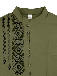 Close-up detail of linen men's Henley shirt with geometric print and fabric label info.