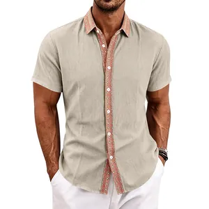 Detailansicht Herren Sommer Leinenhemd mit kontrastierendem Kragen und Ethno-Muster
