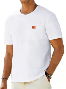 Classic white men's short sleeve T-shirt with stylish orange label chest pocket.