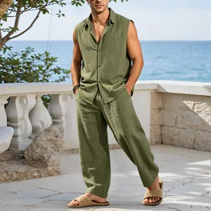 Detail view of men's sleeveless olive green linen shirt and matching trousers set