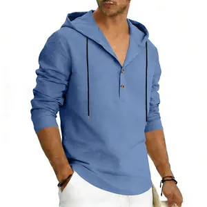 Camicia casual da uomo in lino con cappuccio celeste e bottoni