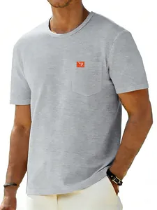 Casual men's grey short sleeve crew neck t-shirt featuring a contrast pocket patch