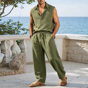 Full view of men's olive green sleeveless linen shirt and matching drawstring pants vacation set