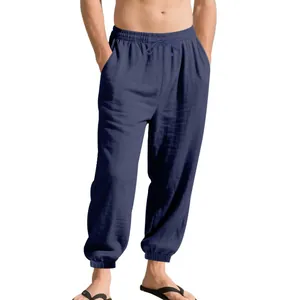 Deep blue men's breathable linen jogger pants with drawstring waist and elastic cuffs