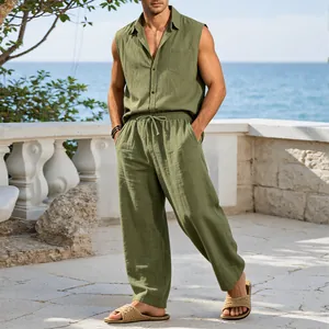 Men's olive green linen sleeveless shirt and trousers set for vacation wear.