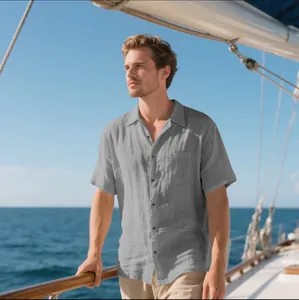 Camisa de lino gris para hombre de manga corta transpirable para vacaciones en la playa