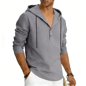 Detail view of men's casual linen hooded long-sleeve shirt in grey textured fabric