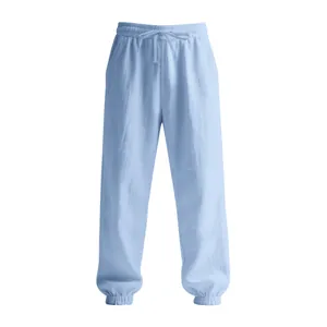 Light blue cotton linen jogger pants with drawstring waist and elastic cuffs