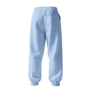 Detailed back view of men's light blue linen-blend casual joggers with elastic cuffs