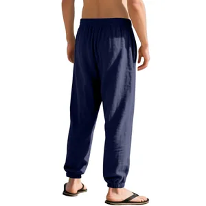 Detailed back view of men's navy blue breathable cotton linen blend jogger pants