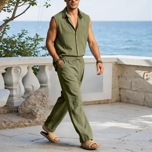 Detail view of men's sleeveless olive green linen set during outdoor beach vacation