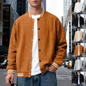 Detailed view of men's cable knit varsity jacket with multiple color variants shown.