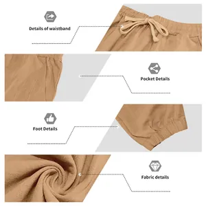 Close-up details of men's linen casual pants featuring waistband, pocket, and fabric texture.