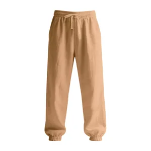 Close-up of men's breathable cotton linen jogger pants in tan with drawstring